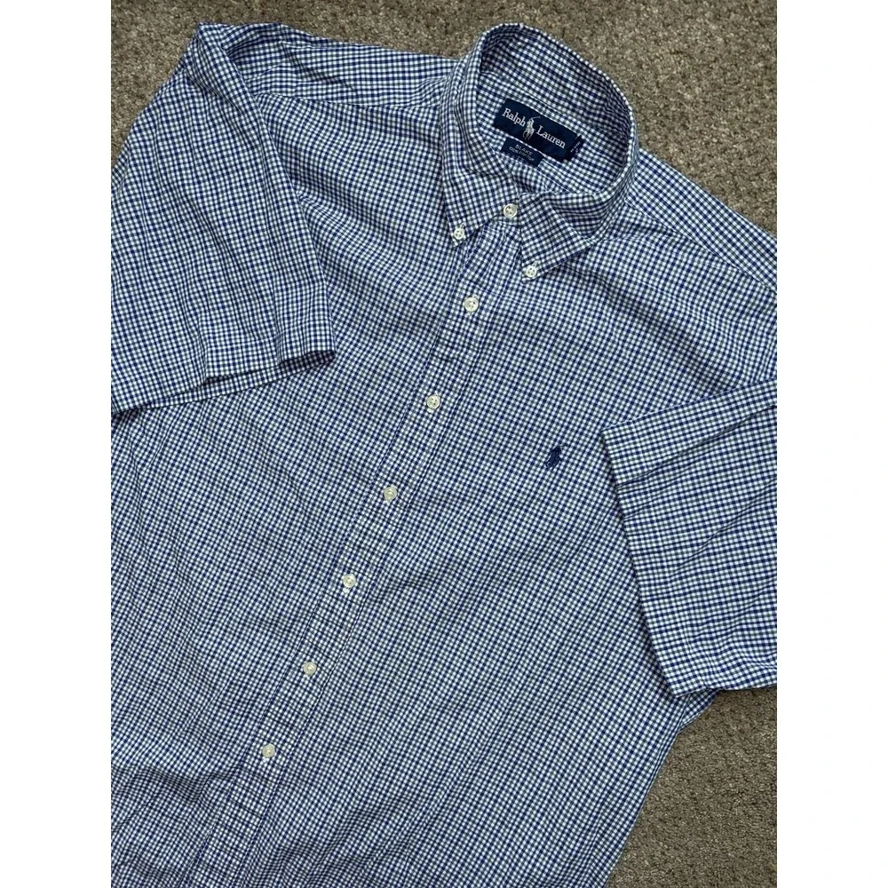 Polo Ralph Lauren Mens Blake XL Short Sleeve Plaid Button Up Shirt Cotton Blue